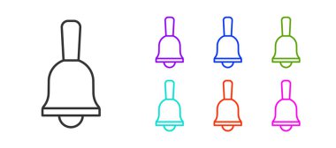 Siyah çizgi zil simgesi beyaz arkaplanda izole edildi. Alarm sembolü, servis zili, el zili işareti, uyarı sembolü. Simgeleri renklendirin. Vektör.