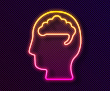 Parlayan neon hattı insan beyni simgesi siyah arkaplanda izole edildi. Vektör.