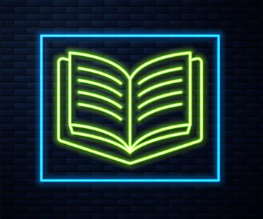 Parlayan neon hattı açık kitap simgesi tuğla duvar arka planında izole edildi. Vektör.