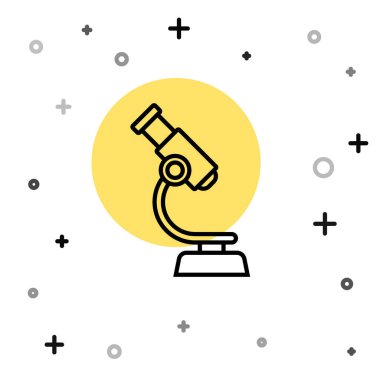 Siyah çizgi mikroskop simgesi beyaz arkaplanda izole edildi. Kimya, ilaç aleti, mikrobiyoloji büyütme aracı. Rastgele dinamik şekiller. Vektör.