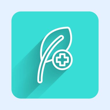 Beyaz çizgi Yaprak simgesi uzun gölgeli izole edilmiş. İşaret bırakıyor. Taze doğal ürün sembolü. Yeşil kare düğmesi. Vektör.