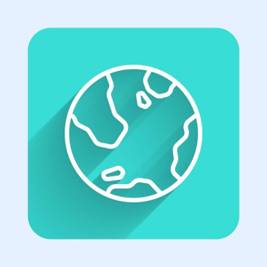 Beyaz çizgi Dünya ikonu uzun gölgeli izole edilmiş. Dünya ya da Dünya işareti. Küresel internet sembolü. Geometrik şekiller. Yeşil kare düğmesi. Vektör.