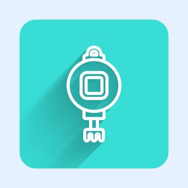 Beyaz çizgi Çin kağıt fener ikonu uzun gölgeli izole edilmiş. Yeşil kare düğmesi. Vektör.