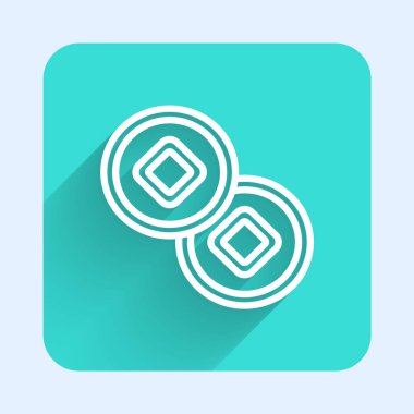 Beyaz çizgi Çin Yuan para birimi sembolü uzun gölgeli izole. Bozuk para. Bankacılık işareti. Para sembolü. Yeşil kare düğmesi. Vektör.