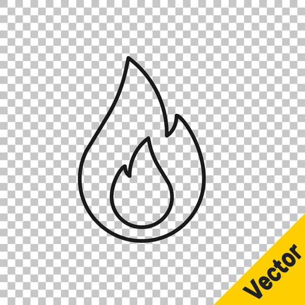 Línea Negra Icono Llama Fuego Aislado Sobre Fondo Transparente Vector — Vector de stock