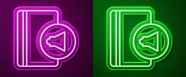 Glowing Neon Line Audio Book Icon Isolated Purple Green Background — Stock Vector