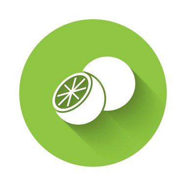 Uzun gölgeli beyaz portakal meyve ikonu. Yeşil daire düğmesi. Vektör.