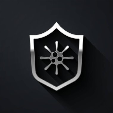 Gümüş Kalkan virüsten, mikroplardan ve siyah arka planda izole edilmiş bakteri simgesinden koruyor. Bağışıklık sistemi konsepti. Corona virüsü 2019-nCoV. Uzun gölge tarzı. Vektör.