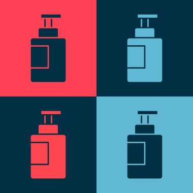 Pop Art Hand dezenfektan şişe ikonu renk arka planında izole edilmiş. Dezenfeksiyon konsepti. Yıkama jeli. Hijyen için alkol şişesi. Vektör.