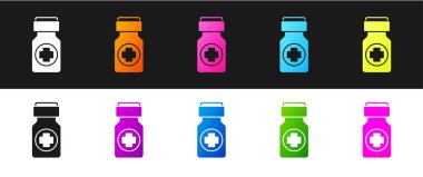 İlaç şişesi ve ilaç ikonunu siyah beyaz arka planda izole et. Şişe hapı işareti. Eczane tasarımı. Vektör.