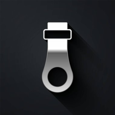 Gümüş fermuar simgesi siyah arkaplanda izole edilmiş. Uzun gölge tarzı. Vektör.