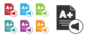 Siyah Sınav kağıdında A artı beyaz arka planda izole edilmiş bir simge var. Sınav kağıdı, sınav ya da araştırma konsepti. Sınav ya da sınav. Simgeleri renklendirin. Vektör.