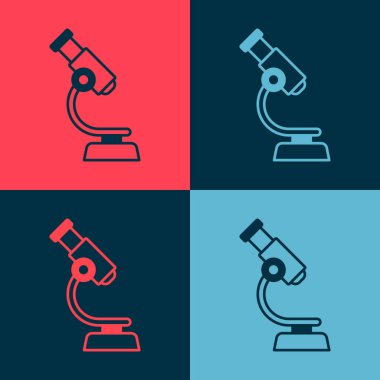 Pop sanat mikroskobu simgesi renk arkaplanında izole edildi. Kimya, ilaç aleti, mikrobiyoloji büyütme aracı. Vektör.