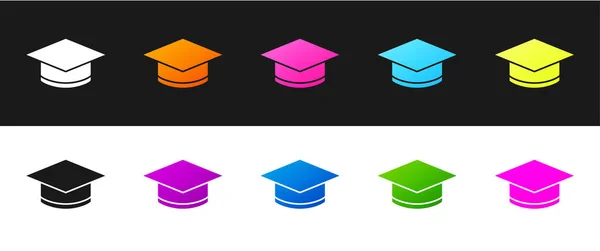 Set Graduation Cap Symbol Isoliert Auf Schwarzem Und Weißem Hintergrund — Stockvektor