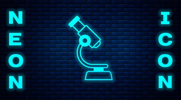 Glowing Neon Microscope Icon Isolated Brick Wall Background Chemistry Pharmaceutical — Stock Vector