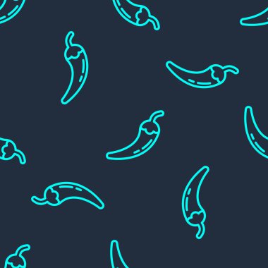 Yeşil çizgi Hot chili biber kabuğu simgesi mavi arkaplanda izole edilmiş kusursuz desen. Market, mutfak ürünleri, baharat ve baharat paketi, yemek kitabı için tasarım. Vektör.