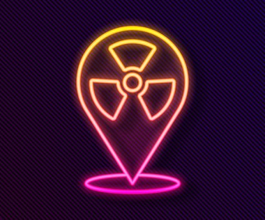 Parlayan neon hattı siyah arkaplanda izole edilmiş konum simgesinde radyoaktif. Radyoaktif zehirli sembol. Radyasyon tehlikesi işareti. Vektör.