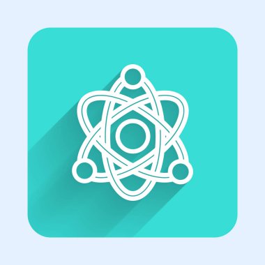 Beyaz çizgi Atom simgesi uzun gölgeli izole edildi. Bilimin, eğitimin, nükleer fiziğin, bilimsel araştırmaların sembolü. Yeşil kare düğmesi. Vektör.