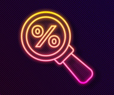 Siyah zemin üzerinde yüzde ikon izole edilmiş parlak neon çizgisi büyüteç. İndirimli aramalar. İndirim tabelasını ara. Vektör.