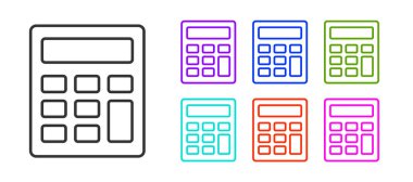 Siyah çizgi hesap makinesi simgesi beyaz arkaplanda izole edildi. Muhasebe sembolü. İş hesaplamaları matematik eğitimi ve finans. Simgeleri renklendirin. Vektör.
