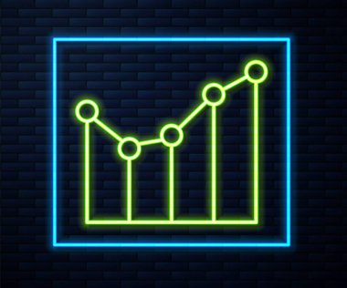 Parlak neon çizgisi Grafik, çizelge, grafik, diyagram, bilgi grafiği, pasta grafik simgesi tuğla duvar zemininde izole edilmiş. Vektör.