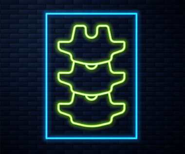 Parlayan neon hattı insan omurgası simgesi tuğla duvar arkasında izole edildi. Vektör.