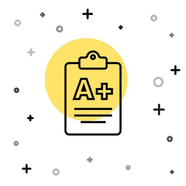 Beyaz arkaplanda A + sınıfı simgesi olan siyah çizgi sınav kağıdı. Sınav kağıdı, sınav ya da araştırma konsepti. Sınav ya da sınav. Rastgele dinamik şekiller. Vektör.