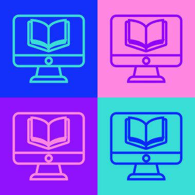 Pop Art Line Online sınıf simgesi renk arkaplanında izole edildi. Çevrimiçi eğitim kavramı. Vektör.