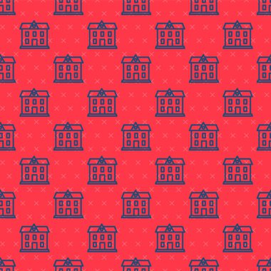 Mavi çizgi okul binası ikonu kırmızı arka planda izole edilmiş pürüzsüz desen. Vektör.