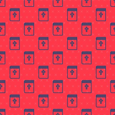 Mavi çizgi. Kutsal İncil ikonu. Kırmızı arkaplanda kusursuz desen var. Vektör.