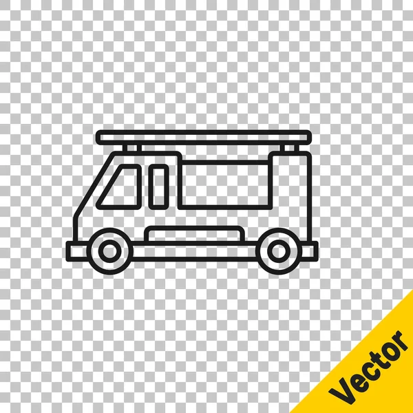 Zwarte Lijn Brandweerwagen Pictogram Geïsoleerd Transparante Achtergrond Brandweerauto Brandweerwagen Voor — Stockvector