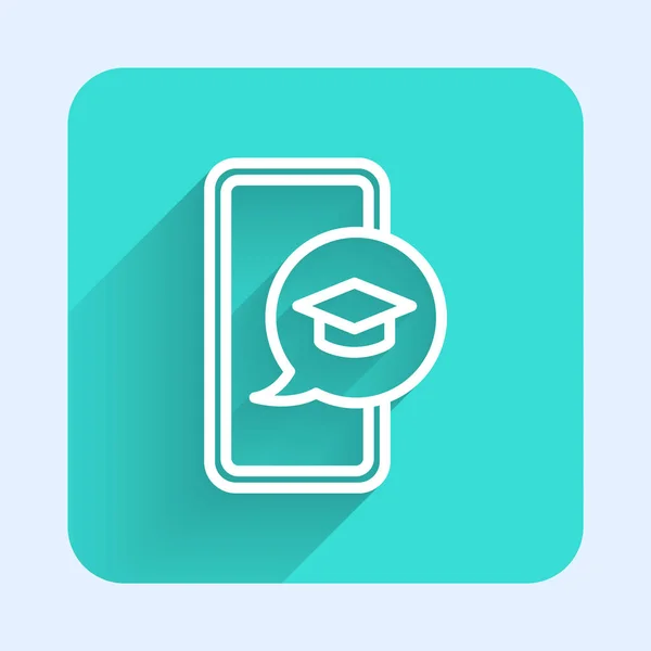 White Line Graduation Cap Screen Smartphone Icon Isolated Long Shadow — Stock Vector