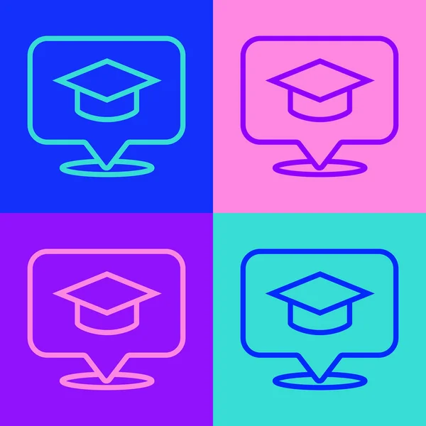 Pop Art Line Graduation Cap Speech Bubble Icon Isolated Color — Stock Vector