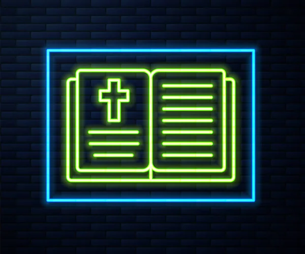 Gloeiende Neon Lijn Heilige Bijbel Boek Icoon Geïsoleerd Baksteen Muur — Stockvector