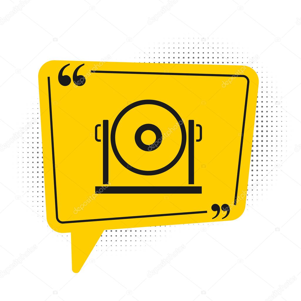 Black Gong musical percussion instrument circular metal disc icon isolated on white background. Yellow speech bubble symbol. Vector.