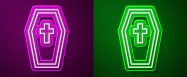 Parlak neon hattı Tabut ve Hıristiyan haç simgesi mor ve yeşil arka planda izole edilmiş. Mutlu Cadılar Bayramı Partisi. Vektör.