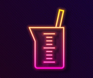 Parlayan neon çizgisi laboratuvar cam örtüsü ya da beher ikonu siyah arkaplanda izole edilmiş. Vektör.