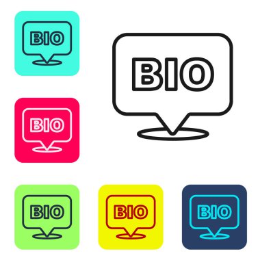 Siyah çizgi biyoyeşil sağlıklı yiyecek simgesi beyaz arkaplanda izole edildi. Organik ürün. Sağlıklı yemek etiketi. Renkli kare düğmelerle simgeleri ayarla. Vektör.