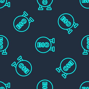 Yeşil çizgi biyo yeşil sağlıklı yiyecek ikonu mavi arka planda izole edilmiş pürüzsüz desen. Organik ürün. Sağlıklı yemek etiketi. Vektör.