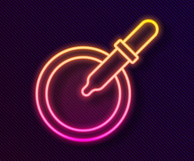 Siyah arkaplanda izole edilmiş pipet simgesi olan parlak neon hattı Petri kabı. Vektör.