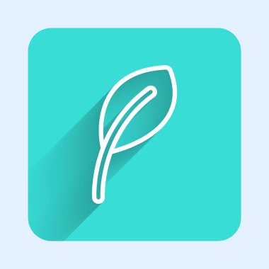 Beyaz çizgi Yaprak simgesi uzun gölgeli izole edilmiş. İşaret bırakıyor. Taze doğal ürün sembolü. Yeşil kare düğmesi. Vektör.