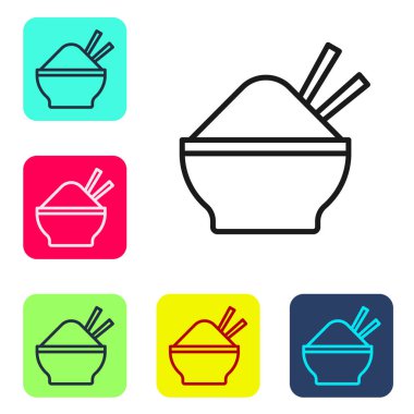 Beyaz arka planda izole edilmiş yemek çubuğu ikonu olan bir kasede siyah çizgili pirinç. Geleneksel Asya yemekleri. Renkli kare düğmelerle simgeleri ayarla. Vektör.