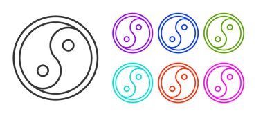 Beyaz arka planda izole edilmiş siyah çizgi Yin Yang uyum ve denge simgesi. Simgeleri renklendirin. Vektör.