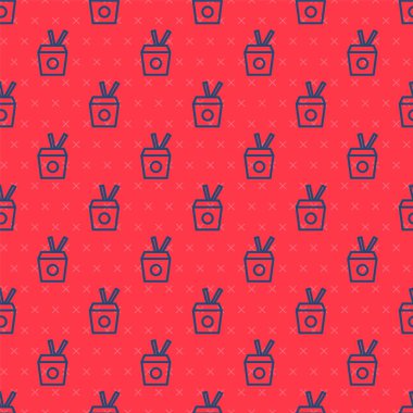 Mavi çizgi Asya erişteleri kağıt kutuda ve yemek çubukları ikonu kırmızı arka planda izole edilmiş pürüzsüz desen. Sokak yemeği. Kore, Japon, Çin yemekleri. Vektör.