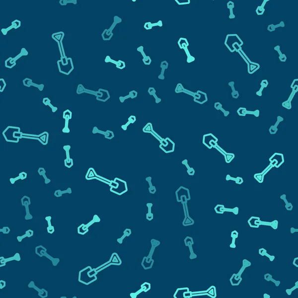 Yeşil çizgi kürek ikonu mavi arkaplanda kusursuz desen izole etti. Bahçe aletleri. Bahçecilik, tarım, çiftçilik aleti. Vektör.