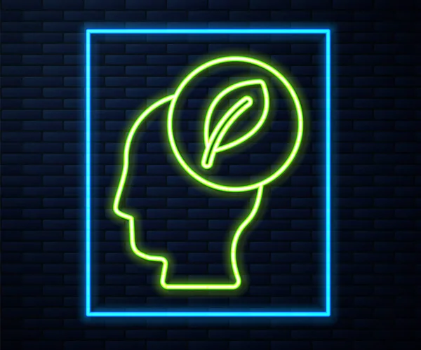 Glowing Neon Line Human Head Leaf Icon Isolated Brick Wall — Stock Vector