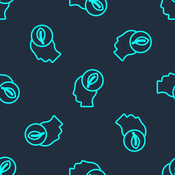 Yeşil çizgi insan kafası ve ikonun içindeki yaprak mavi arka planda izole edilmiş pürüzsüz desen. Vektör.