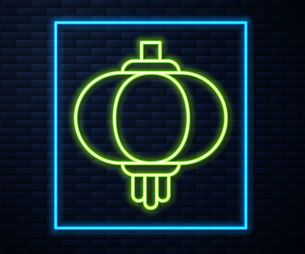 Gloeiende Neon Lijn Chinese Papieren Lantaarn Pictogram Geïsoleerd Baksteen Muur — Stockvector