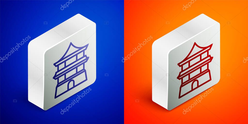 Isometric line Traditional chinese house icon isolated on blue and orange background. Silver square button. Vector.