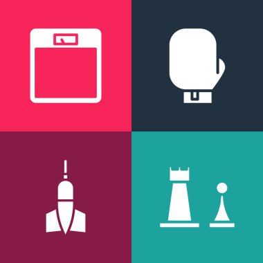 Pop Art Chess, Dart Arrow, Boks Eldiveni ve Banyo Ölçeği ikonunu ayarla. Vektör